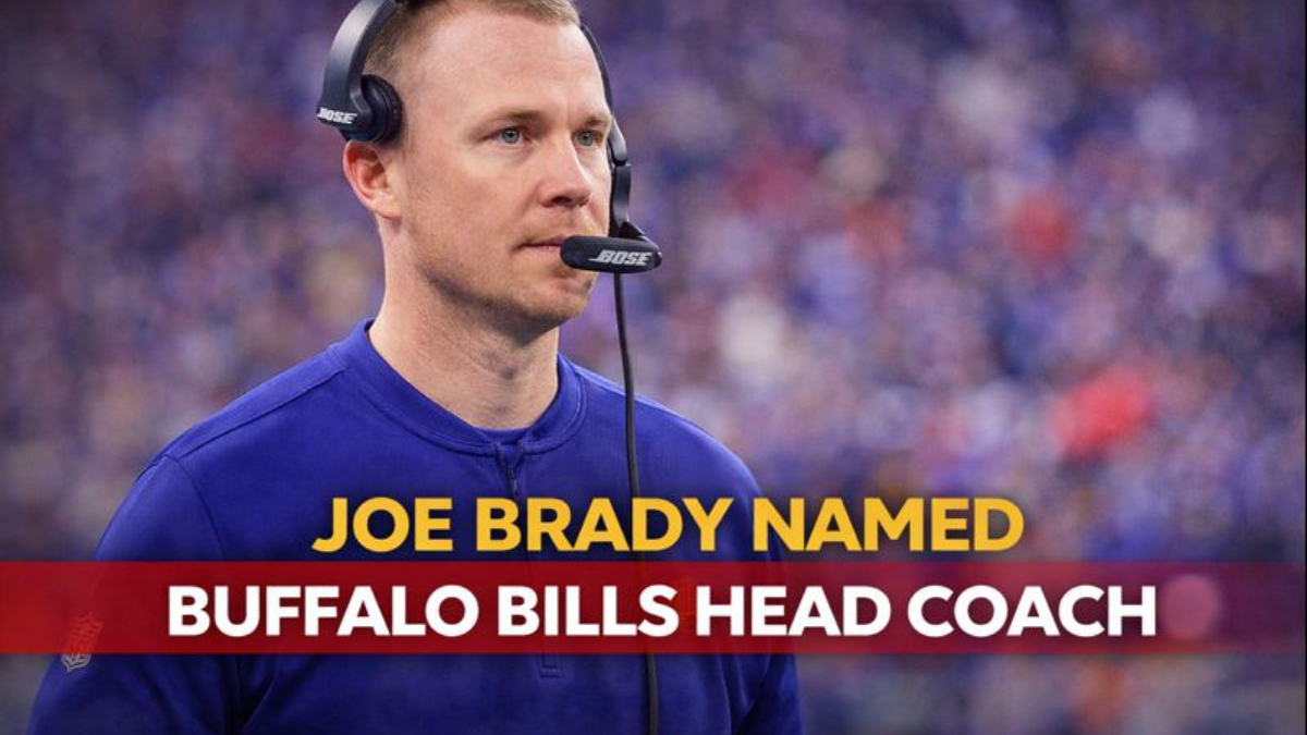 joe brady stands on the Buffalo Bills sideline during an NFL game following his appointment as head coach