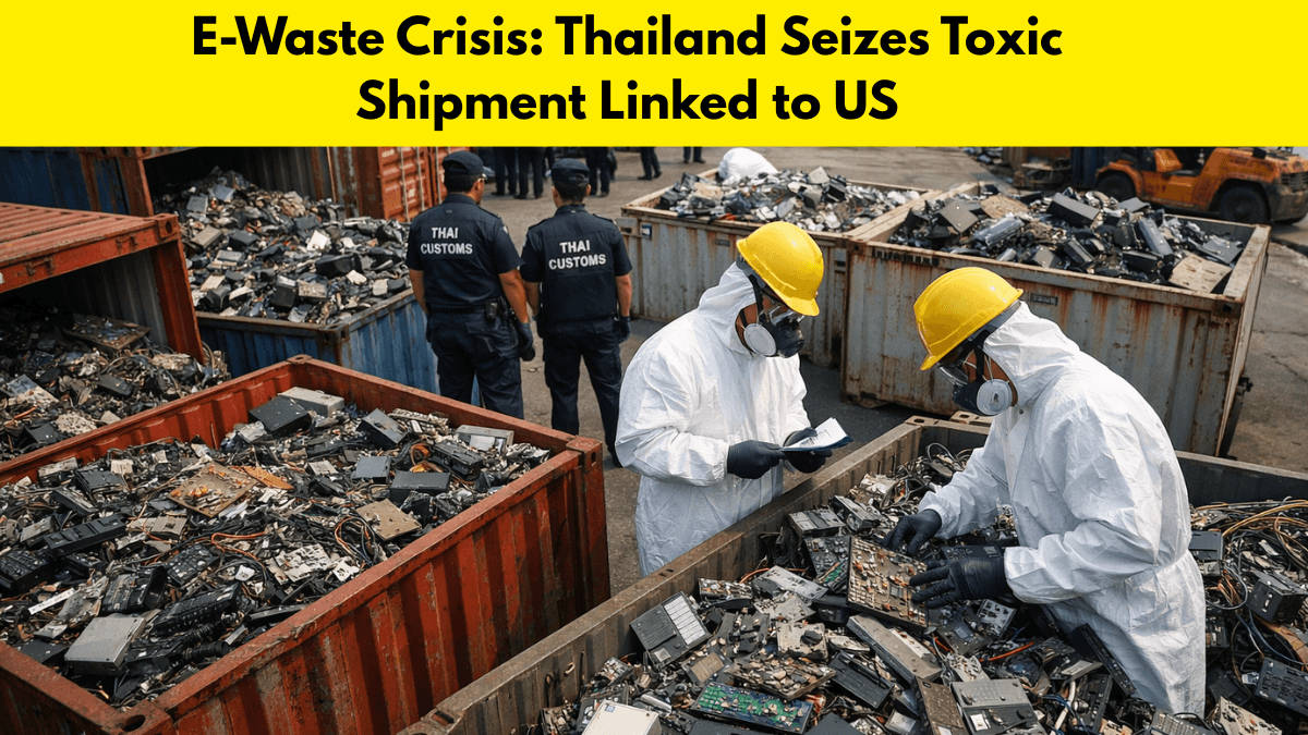 E-waste piles at a Thai port warehouse after authorities seize toxic electronic waste shipment
