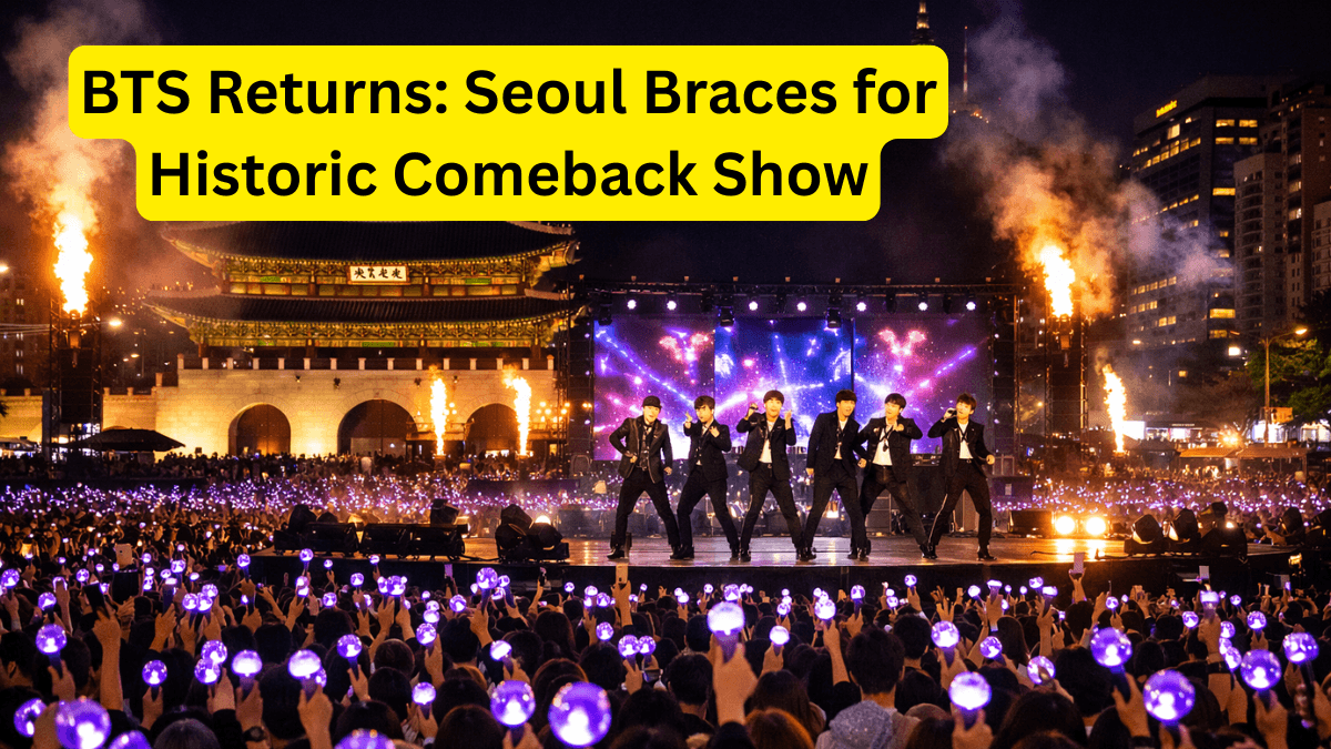 BTS performing during comeback concert in Seoul with thousands of fans at Gwanghwamun Square