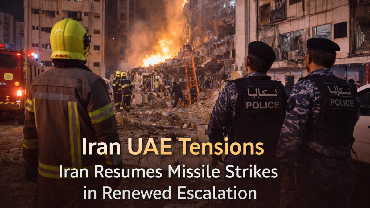 Emergency responders and security forces near a damaged area in the UAE following missile strikes amid rising Iran UAE tensions.