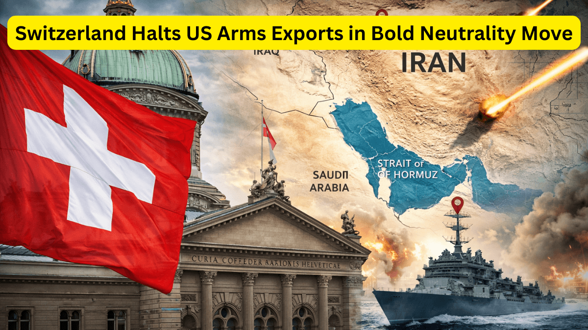 iran war - Dramatic news-style image showing the Swiss flag in front of the Swiss Federal Palace in Bern, with a faint world map highlighting the Middle East and the Iran war zone in the background.