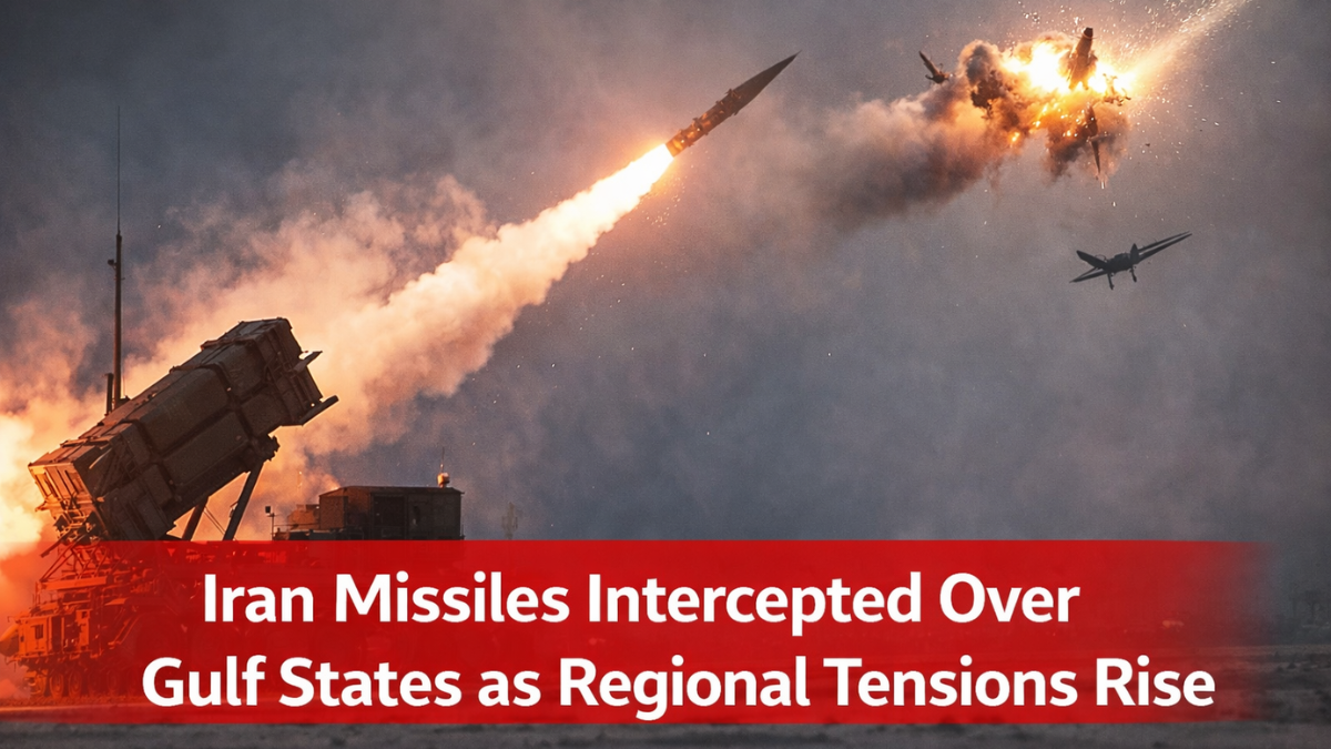 Air defense system intercepting incoming missiles and drones over Gulf airspace during regional military tensions.