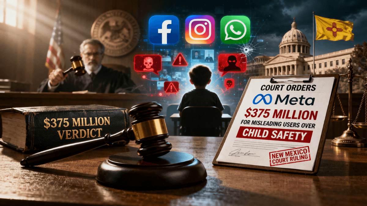 Meta lawsuit courtroom concept highlighting child safety concerns on social media platforms