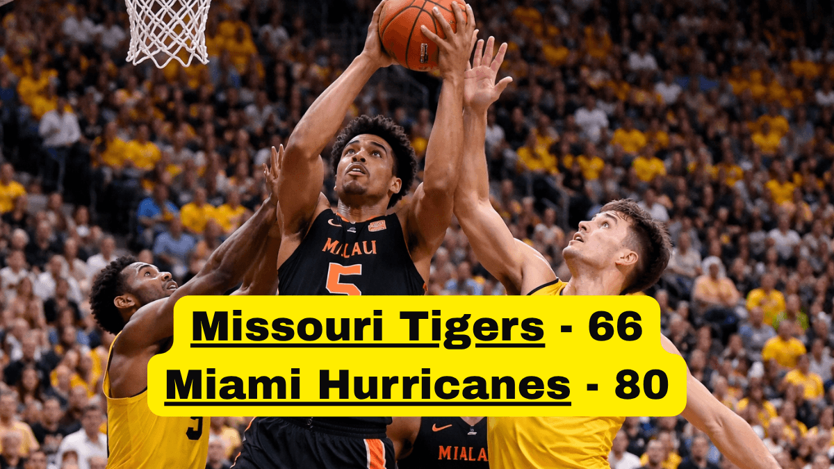 mizzou basketball players defending against Miami Hurricanes during NCAA Tournament game