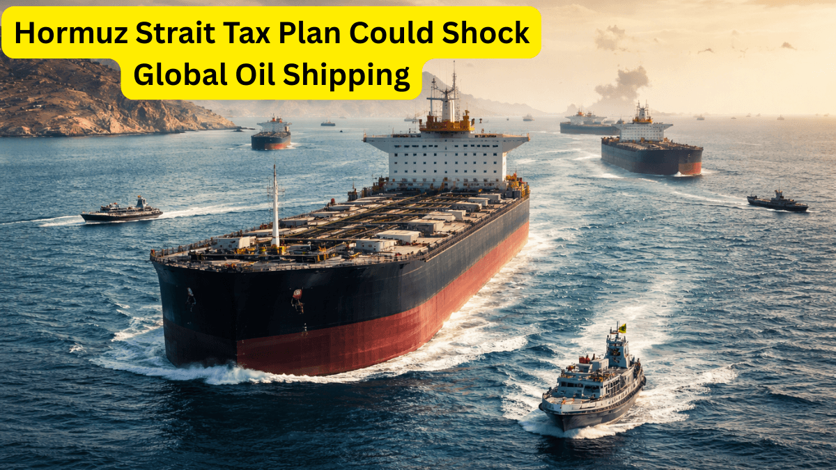 Oil tanker sailing through the Hormuz Strait amid rising geopolitical tensions and Iran security tax proposal