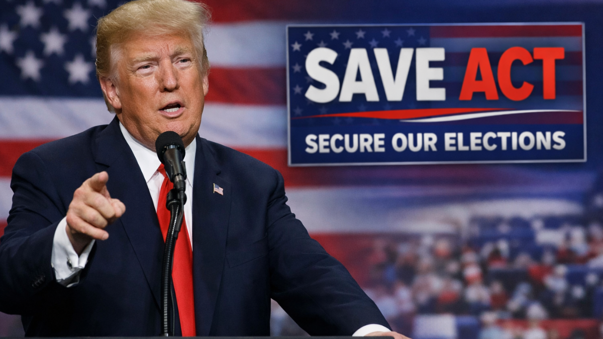 President Donald Trump speaking about election reforms and the SAVE Act during a public appearance in Washington
