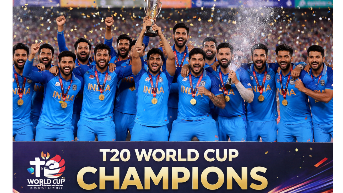 Indian players celebrate after winning the T20 World Cup final against New Zealand at Narendra Modi Stadium in Ahmedabad.