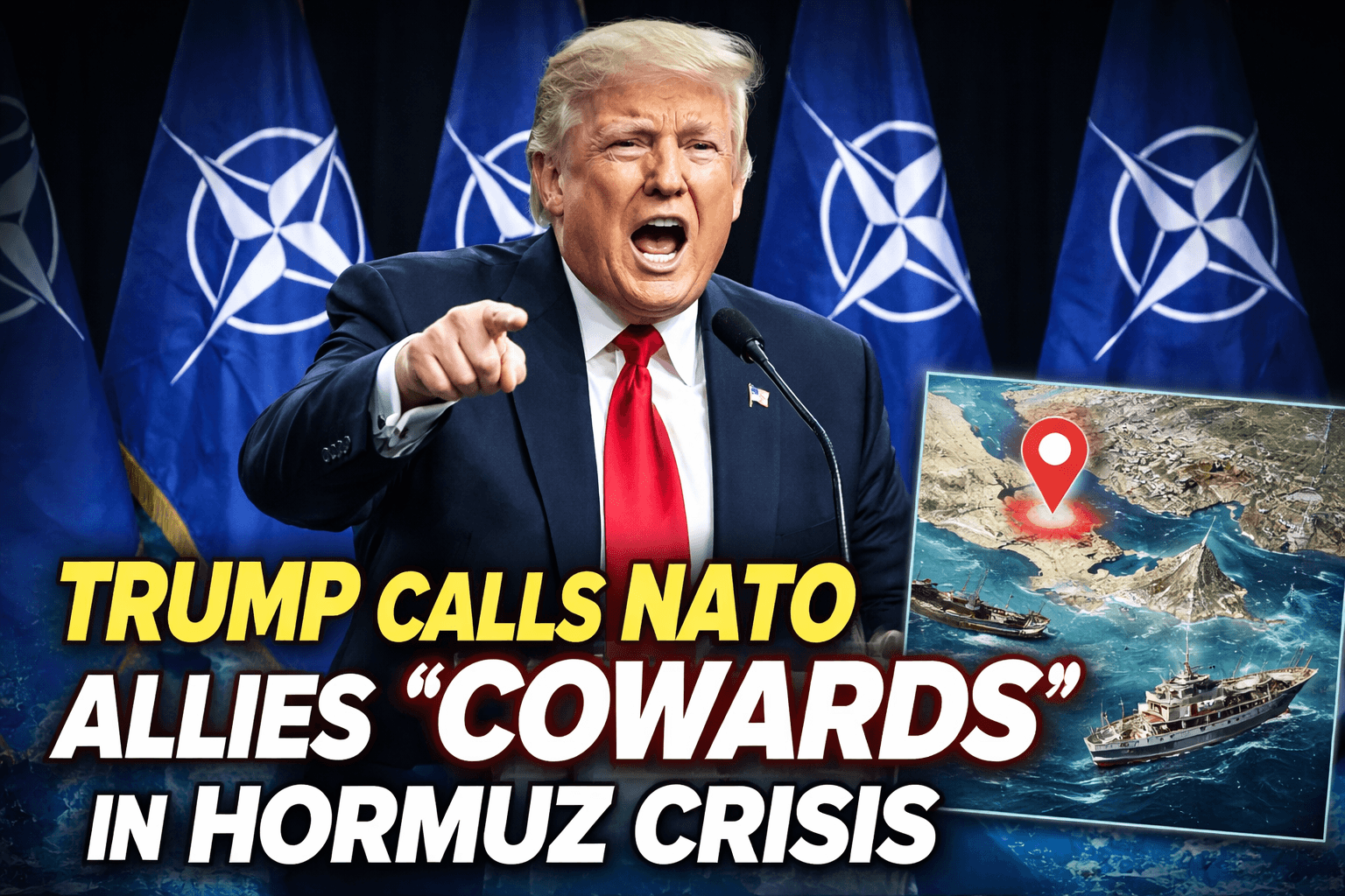 A dramatic news-style image showing Donald Trump speaking at a podium with NATO flags behind him, while a map highlights the Strait of Hormuz and global oil tanker routes.