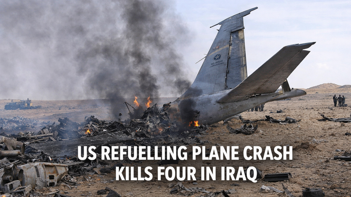 Wreckage of a US KC-135 refuelling aircraft after a crash in western Iraq during a military operation.