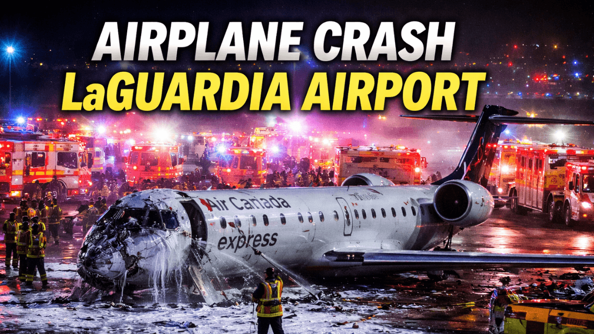airplane crash LaGuardia Airport scene showing damaged Air Canada Express aircraft after runway collision