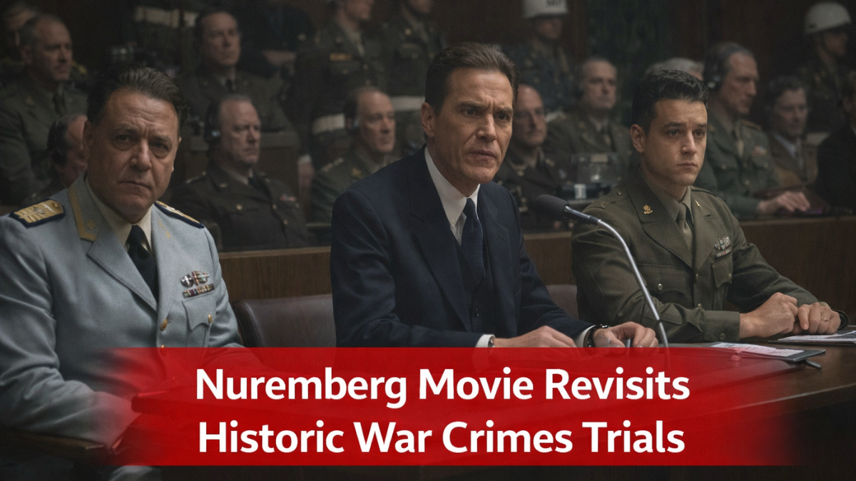 Actors portraying historical figures during a courtroom scene from the Nuremberg movie about post-World War II trials.