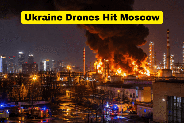 Massive fire and smoke after Ukraine Drone Attack Moscow oil refinery strike near the Russian capital