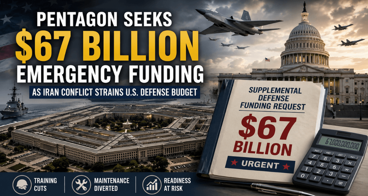 Defense Secretary Pete Hegseth speaks about the 67 billion military funding request as the Pentagon faces budget pressure from the Iran conflict.