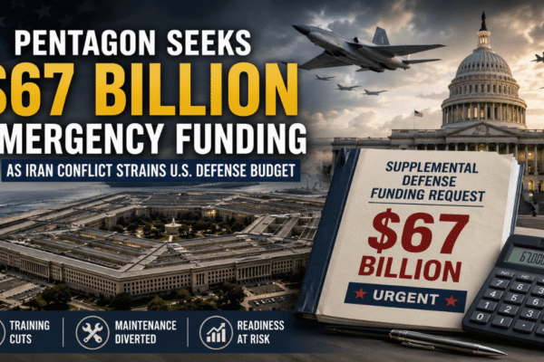 Defense Secretary Pete Hegseth speaks about the 67 billion military funding request as the Pentagon faces budget pressure from the Iran conflict.