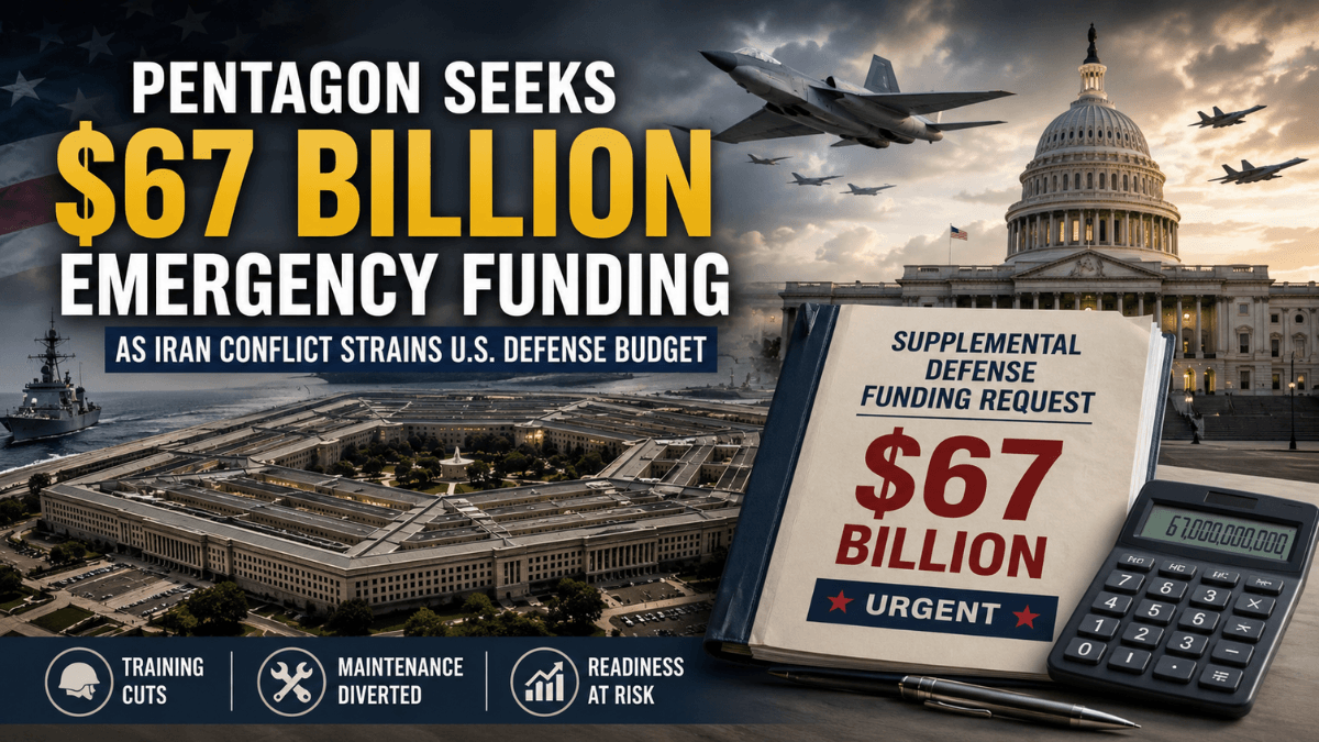 Defense Secretary Pete Hegseth speaks about the 67 billion military funding request as the Pentagon faces budget pressure from the Iran conflict.