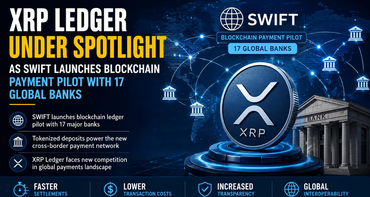 XRP Ledger and SWIFT blockchain payment network illustration representing cross-border banking innovation.