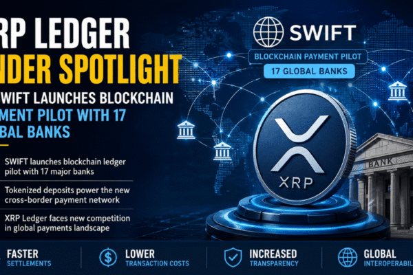 XRP Ledger and SWIFT blockchain payment network illustration representing cross-border banking innovation.